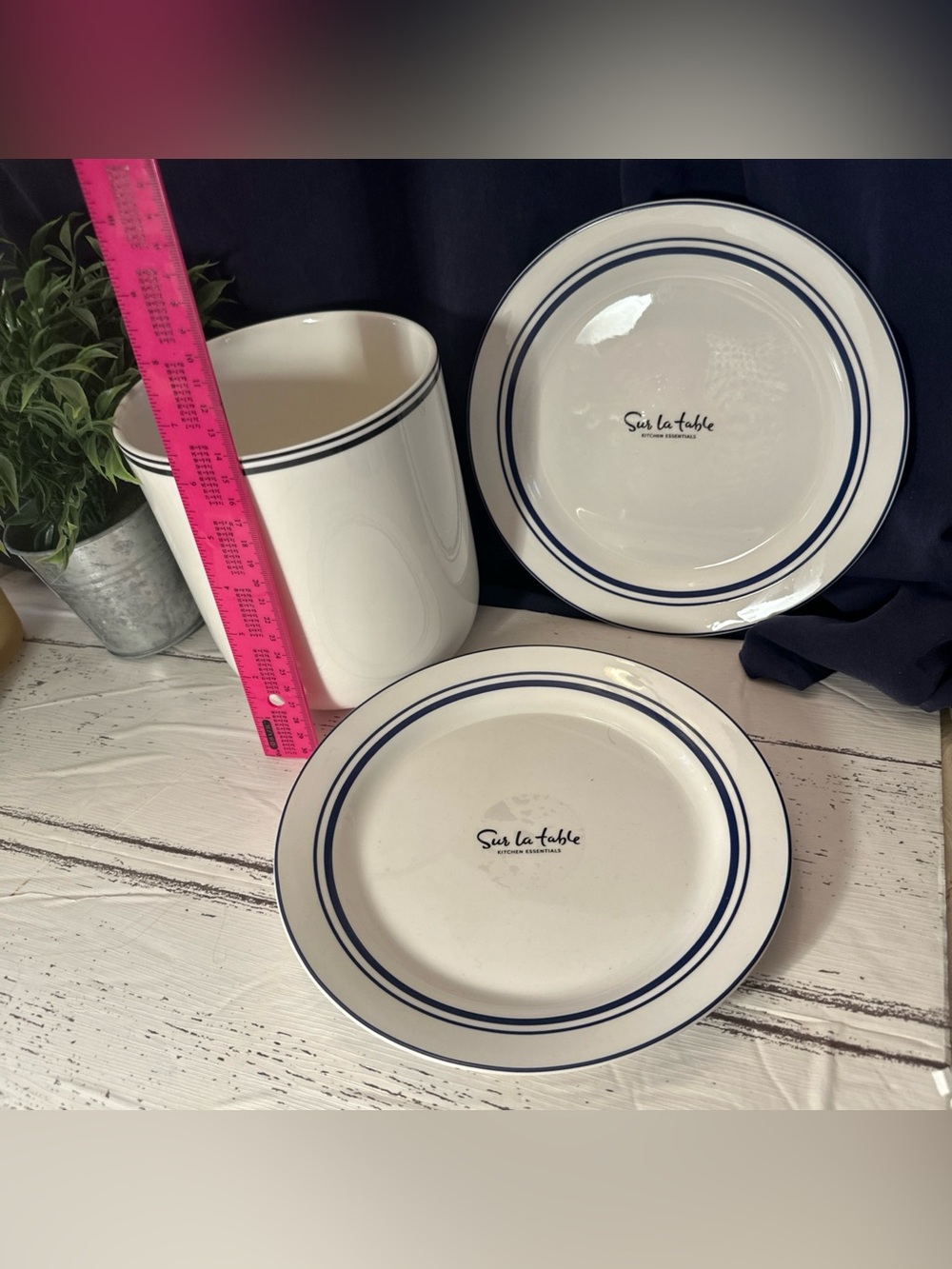 Sur La Table White Ceramic 8” Side 2-Plates Bistro  Navy Stripe & Utensil Crock